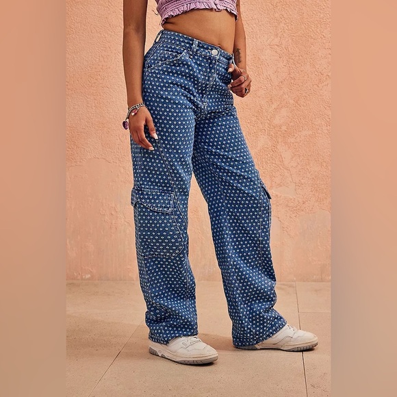 Damson Madder Maya Flower Jacquard Cargo Jeans in indigo blue co-ord UK 6 US 24 - Picture 9 of 14